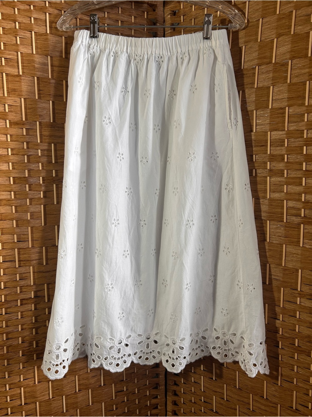 White Eyelet Embroidered Midi Skirt Cotton Lined Elastic Waist Cottagecore M
